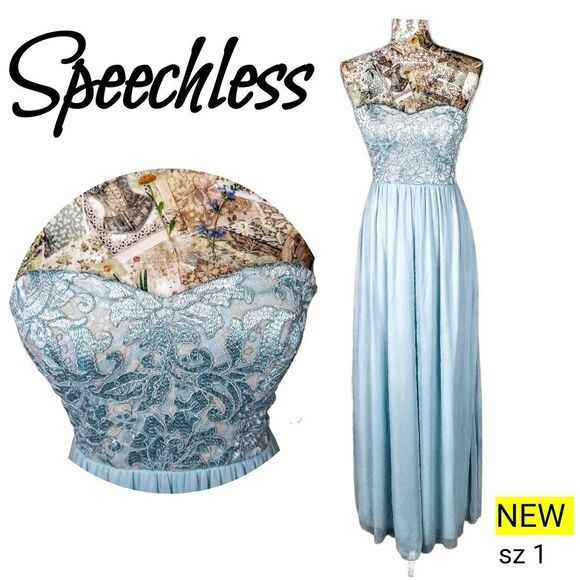 Formal Strapless Lace Sparkle Sequin Baby Blue Long Chiffon Gown Maxi Dress NEW! - Picture 2 of 13